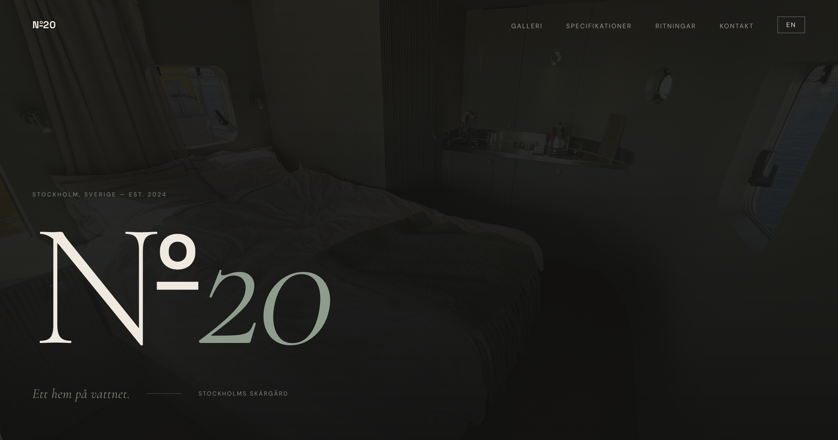NO20 website hero, a floating home in the Stockholm archipelago.
